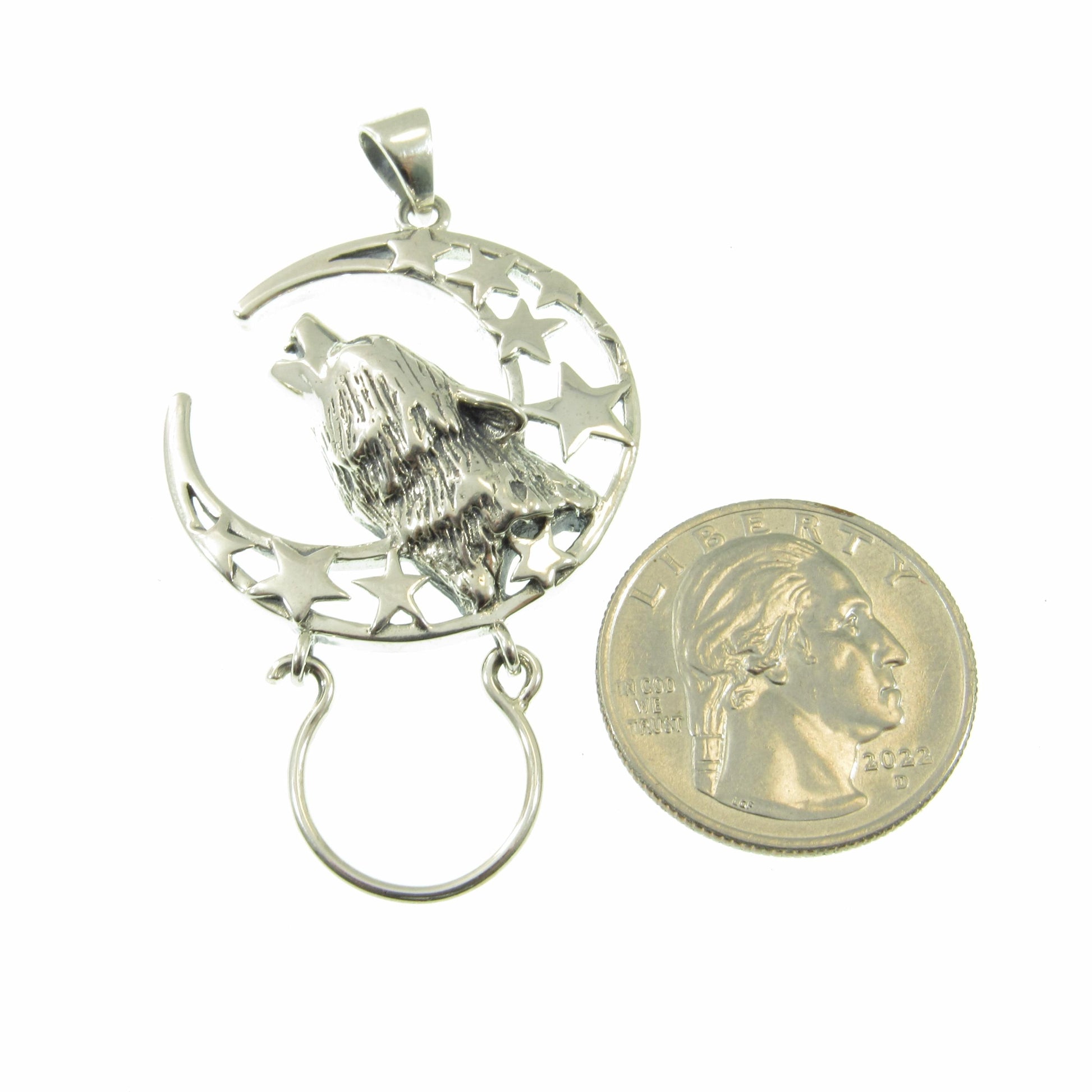 Solid 925 Sterling Silver Baying Wolf Charm Holder Pendant, Crescent Moon Star Celestial Amulet