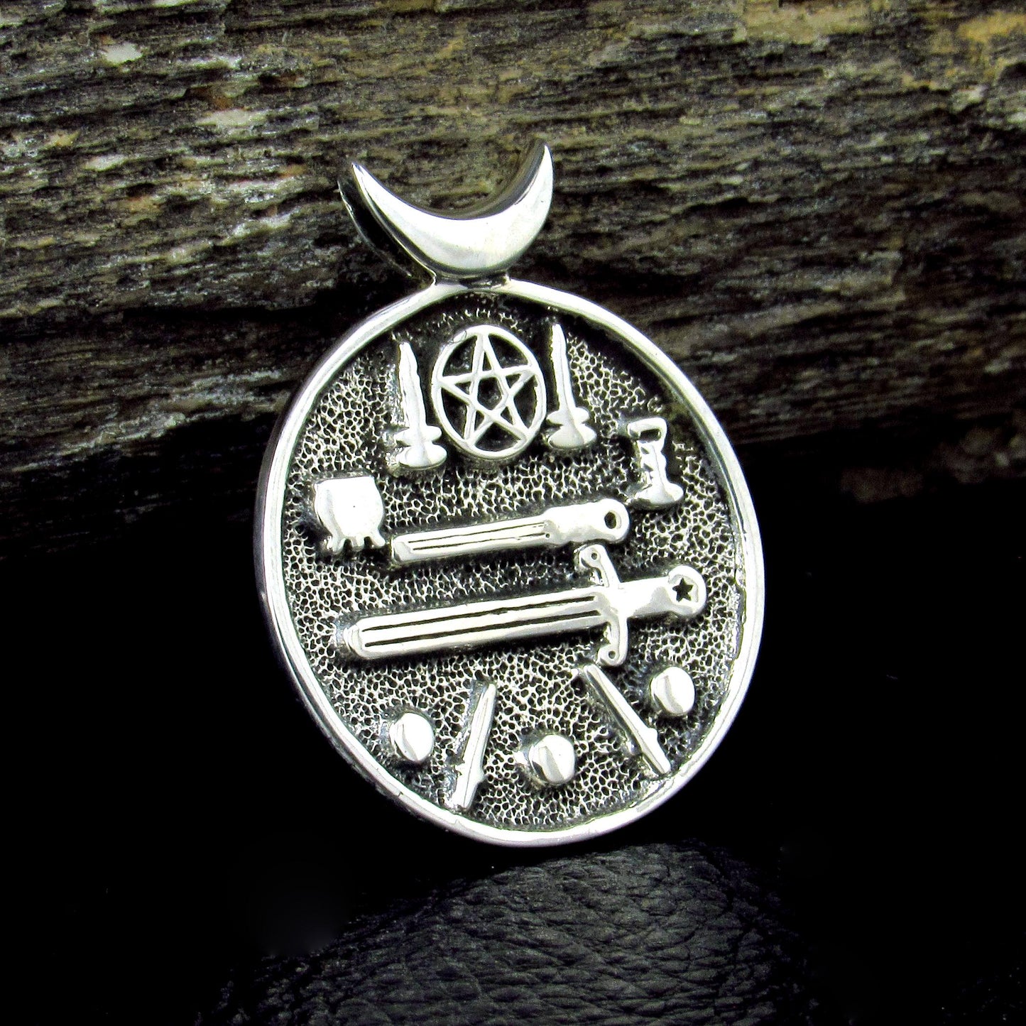 Solid 925 Sterling Silver Magic Witch's Cauldron Pendant With Iconic Wiccan Symbols, Crescent Moon Pentacle Amulet