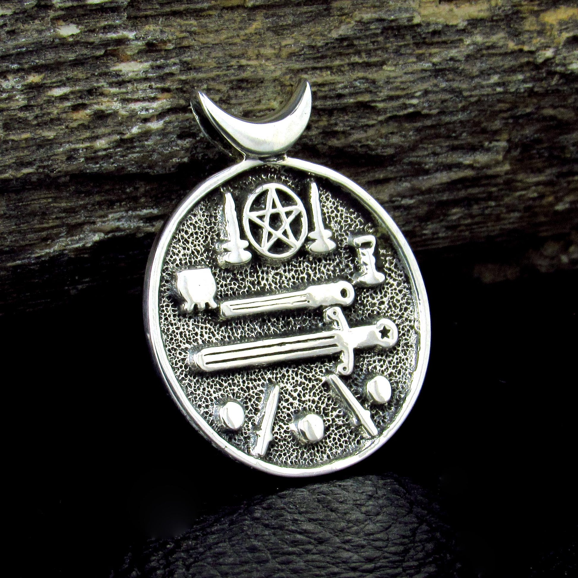 Solid 925 Sterling Silver Magic Witch's Cauldron Pendant With Iconic Wiccan Symbols, Crescent Moon Pentacle Amulet