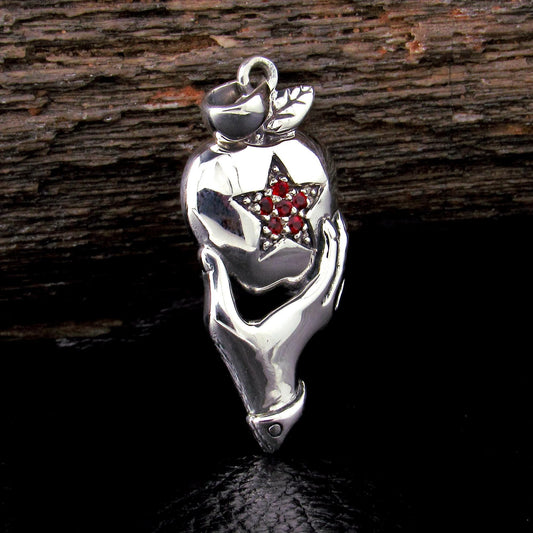 Solid 925 Sterling Silver Hand Holding Apple with Garnet and Marcasite Pentagram Pendant, Handcrafted Adam & Eve Forbidden Fruit Jewelry