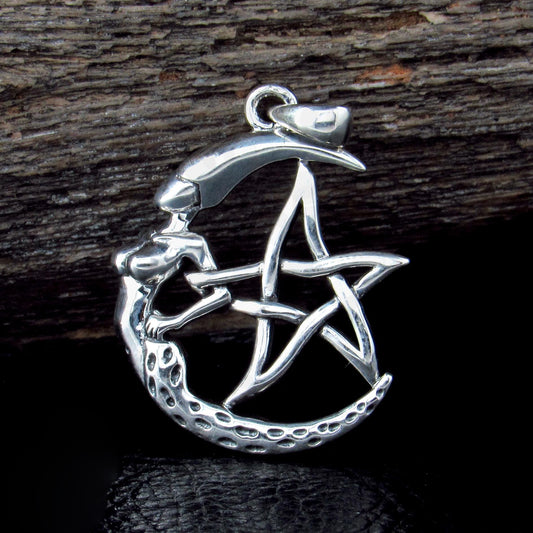 Solid 925 Sterling Silver Moon Goddess The Star Pentagram Pendant, Pagan Wicca Amulet