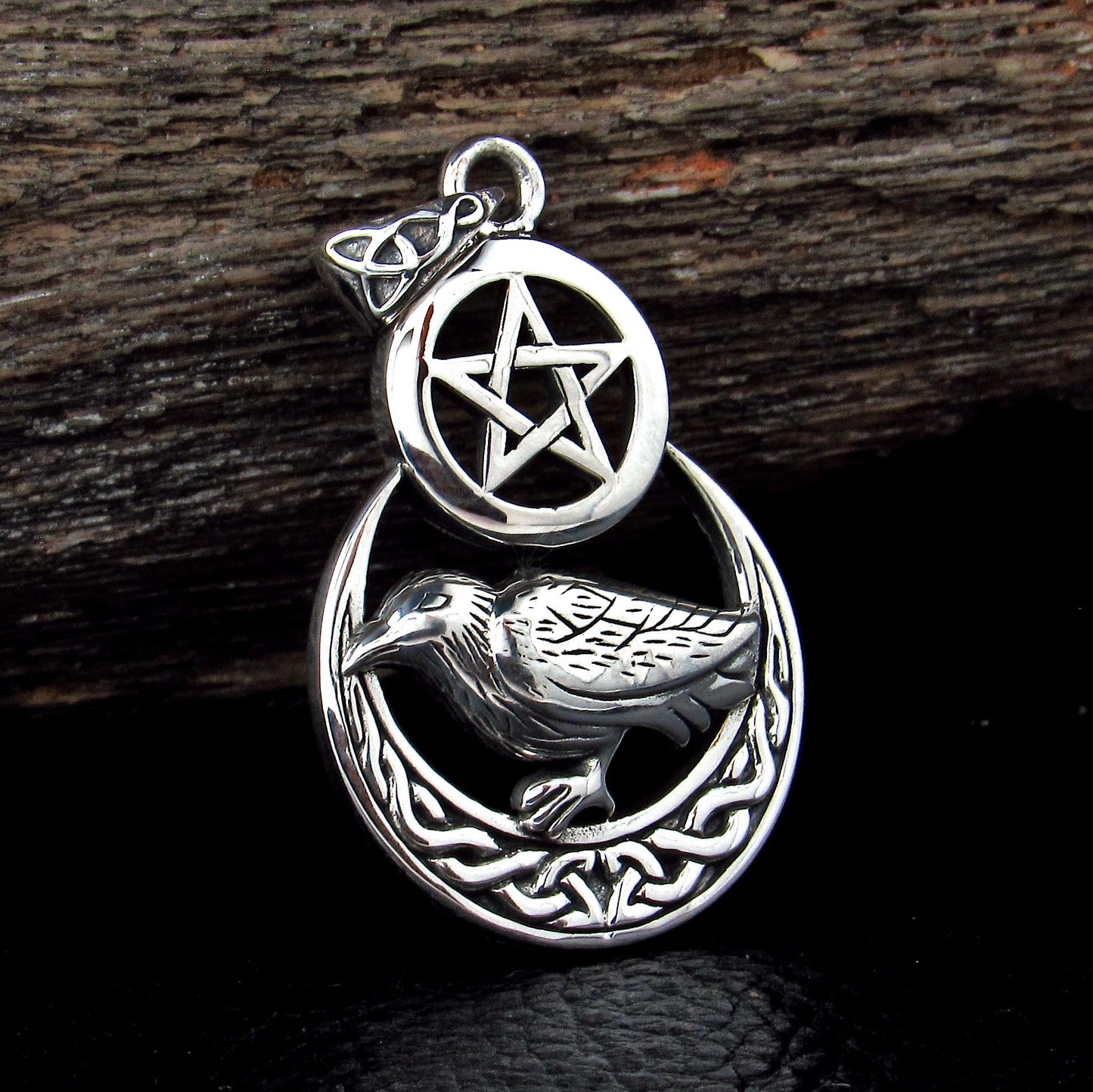 Solid 925 Sterling Silver Raven on Celtic Crescent Moon Pentacle, Magical Pagan Wiccan Amulet
