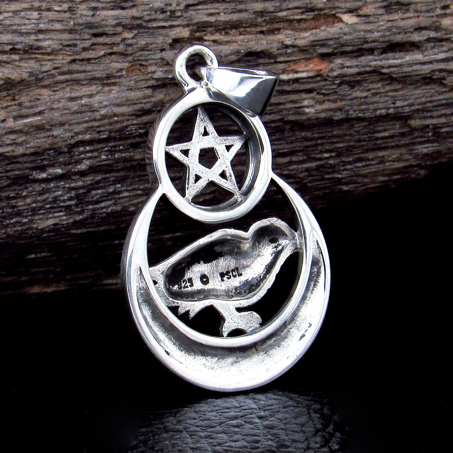 Solid 925 Sterling Silver Raven on Celtic Crescent Moon Pentacle, Magical Pagan Wiccan Amulet