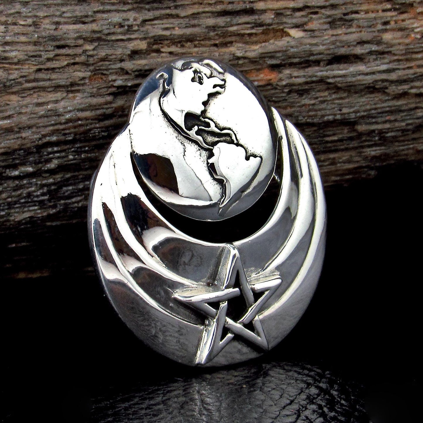 Solid 925 Sterling Silver Earth and Star Pendant – Planet & Pentacle Necklace Amulet – Cosmic Pagan Jewelry – Wiccan Celestial Globe Pendant
