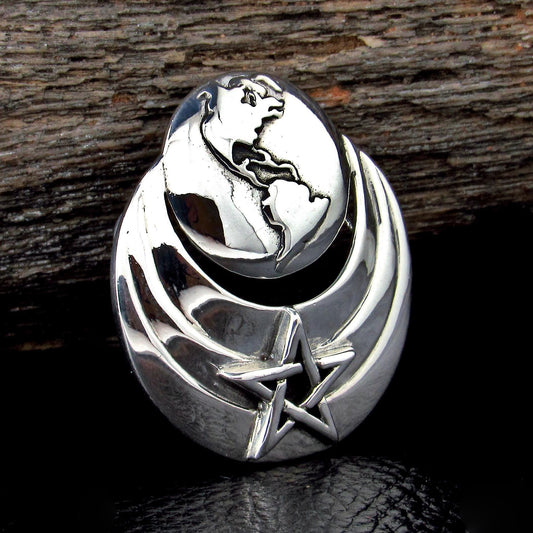 Solid 925 Sterling Silver Earth and Star Pendant – Planet & Pentacle Necklace Amulet – Cosmic Pagan Jewelry – Wiccan Celestial Globe Pendant