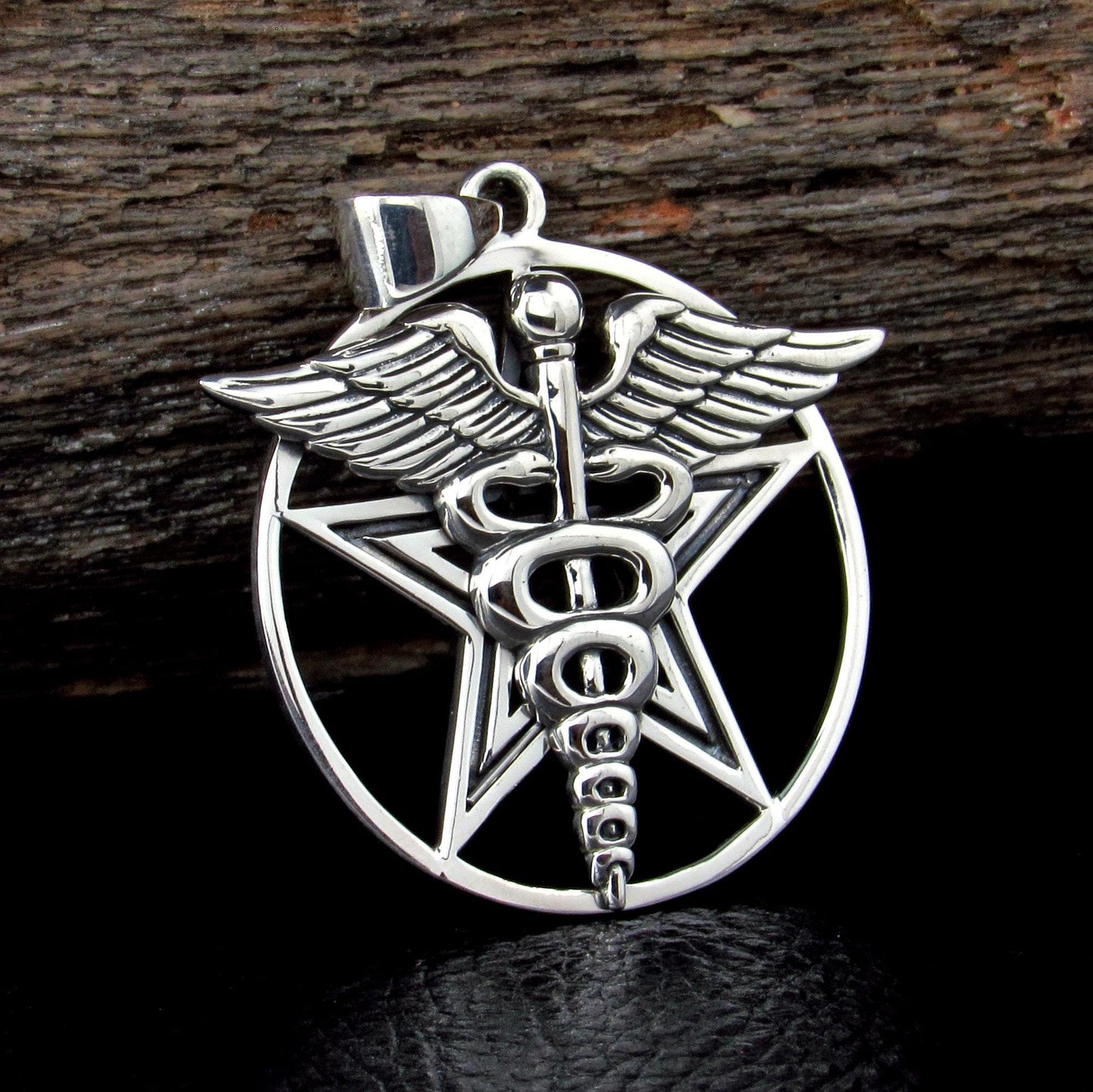 Solid 925 Sterling Silver Pentacle Star With Caduceus Pendant, Handcrafted Healing Talisman & Protection Symbol Amulet