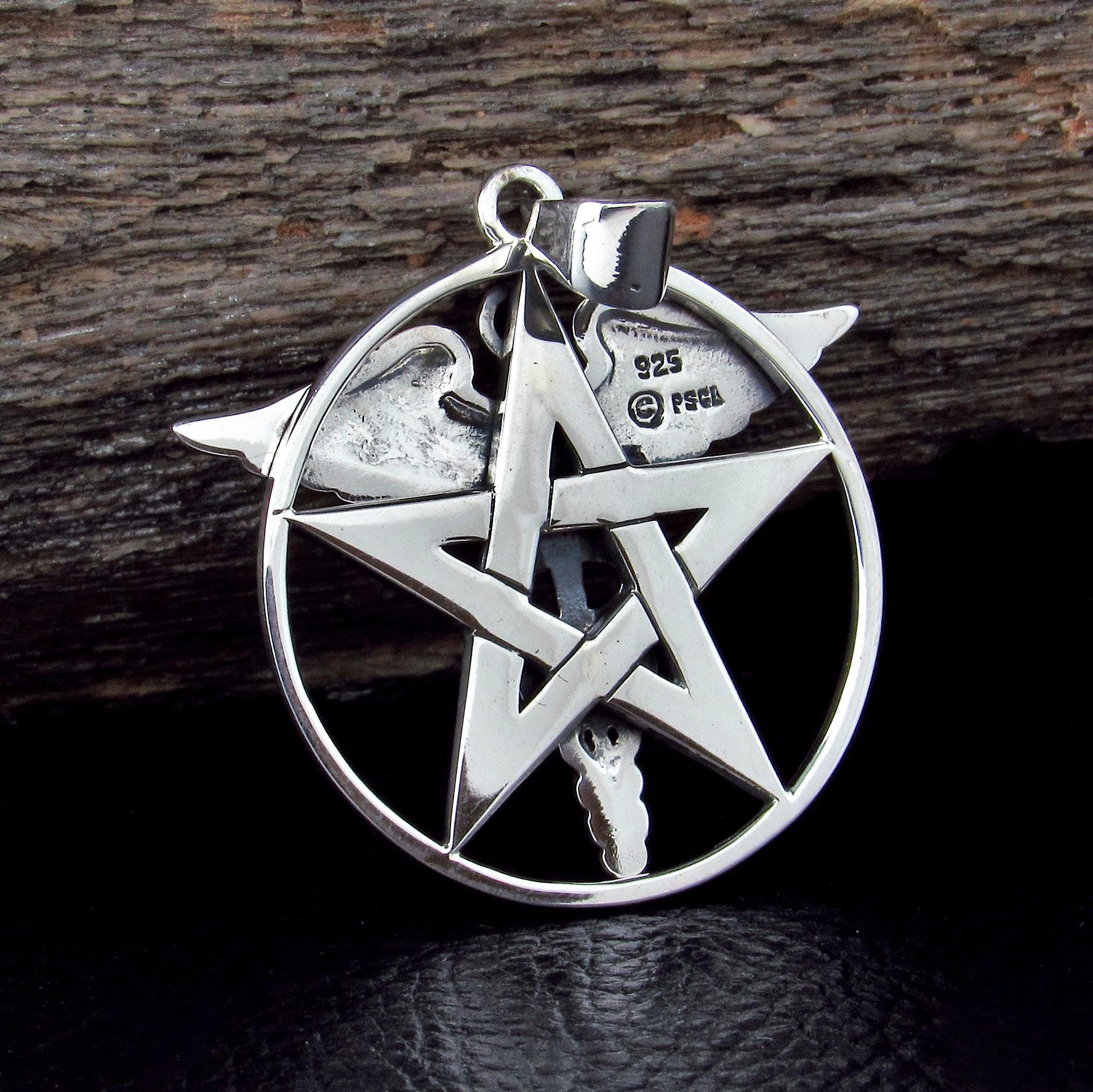 Solid 925 Sterling Silver Pentacle Star With Caduceus Pendant, Handcrafted Healing Talisman & Protection Symbol Amulet