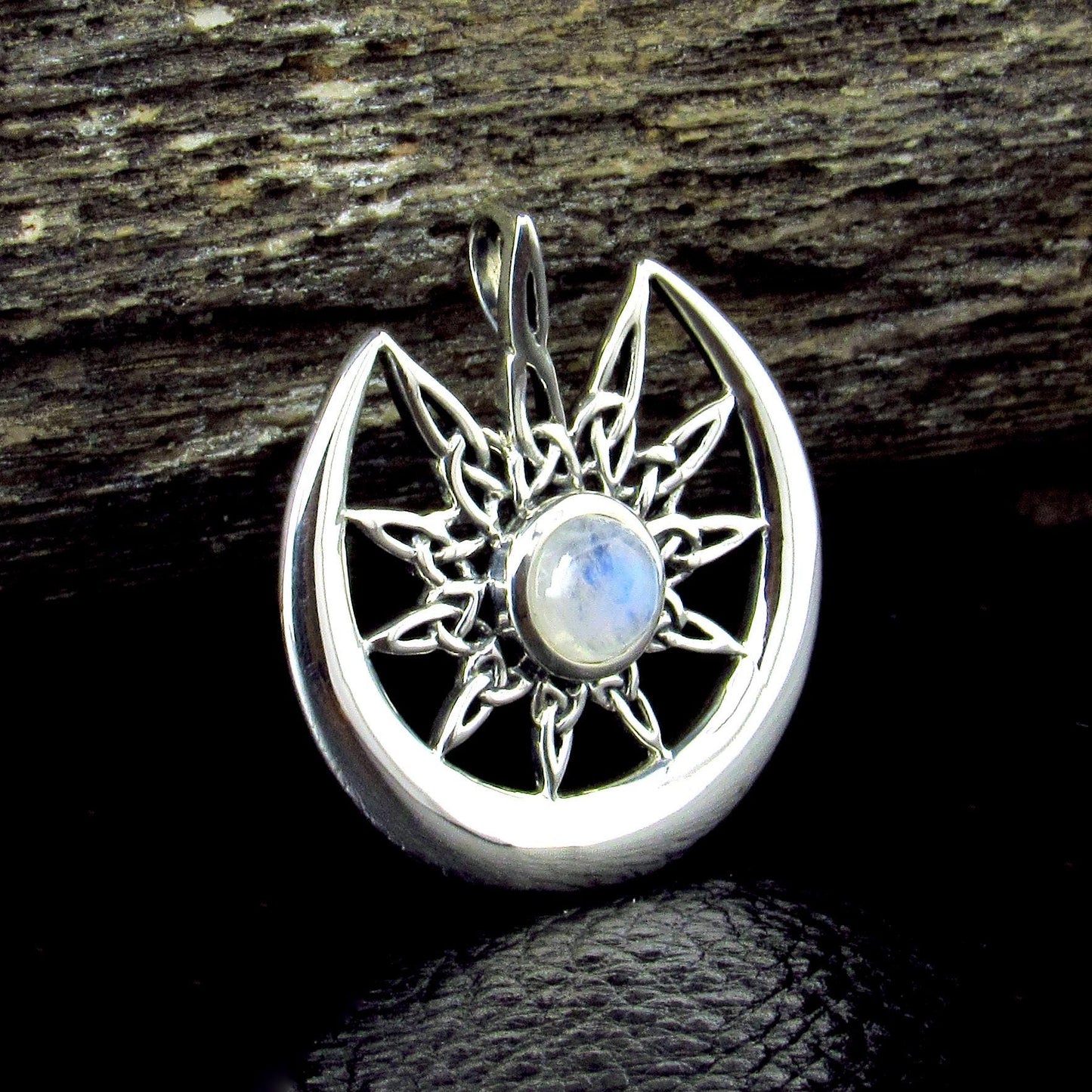 Solid 925 Sterling Silver Celtic Star on Crescent Moon with Rainbow Moonstone Gemstone