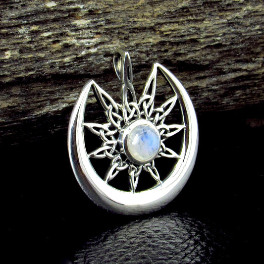 Solid 925 Sterling Silver Celtic Star on Crescent Moon with Rainbow Moonstone Gemstone