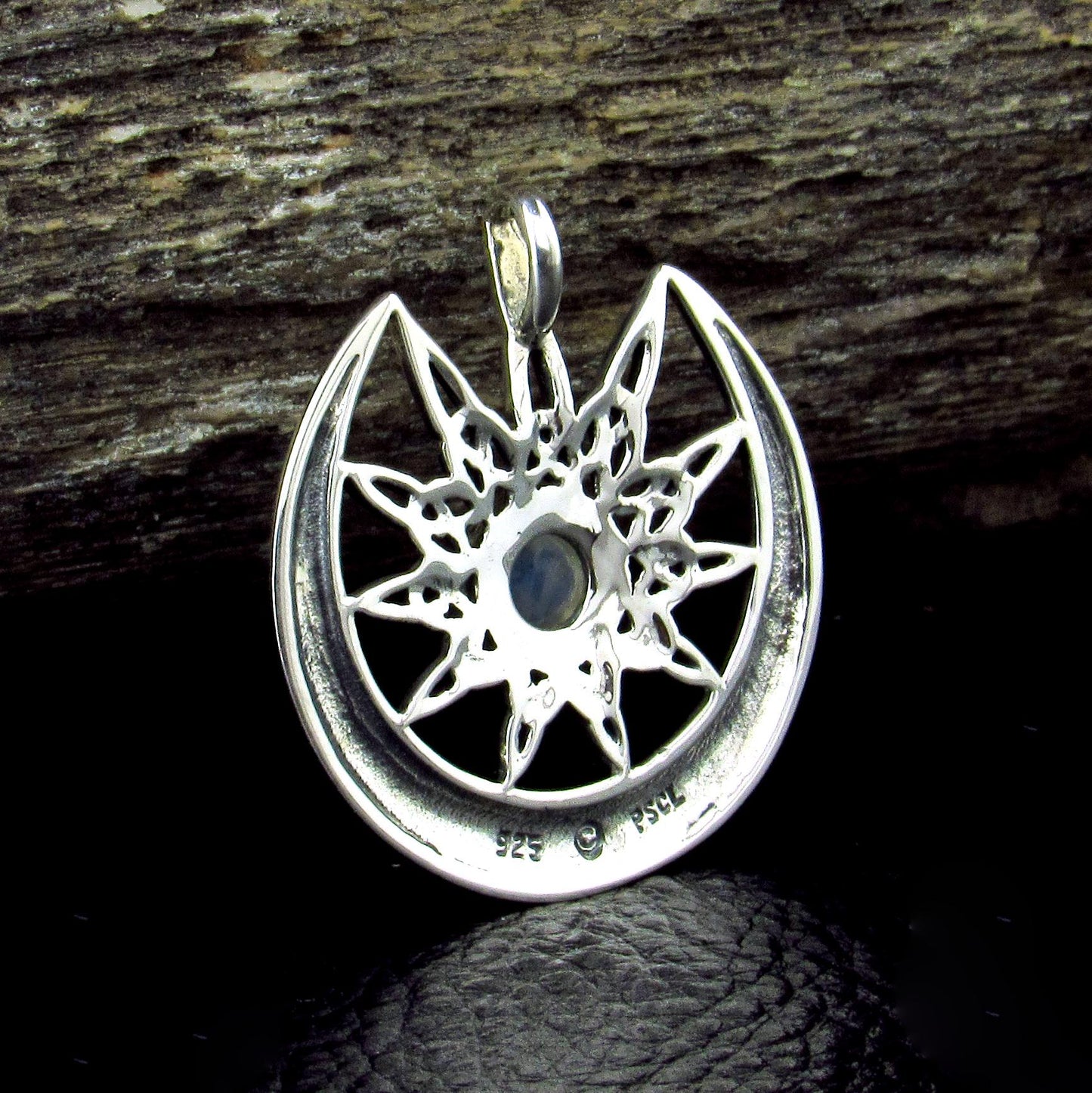 Solid 925 Sterling Silver Celtic Star on Crescent Moon with Rainbow Moonstone Gemstone
