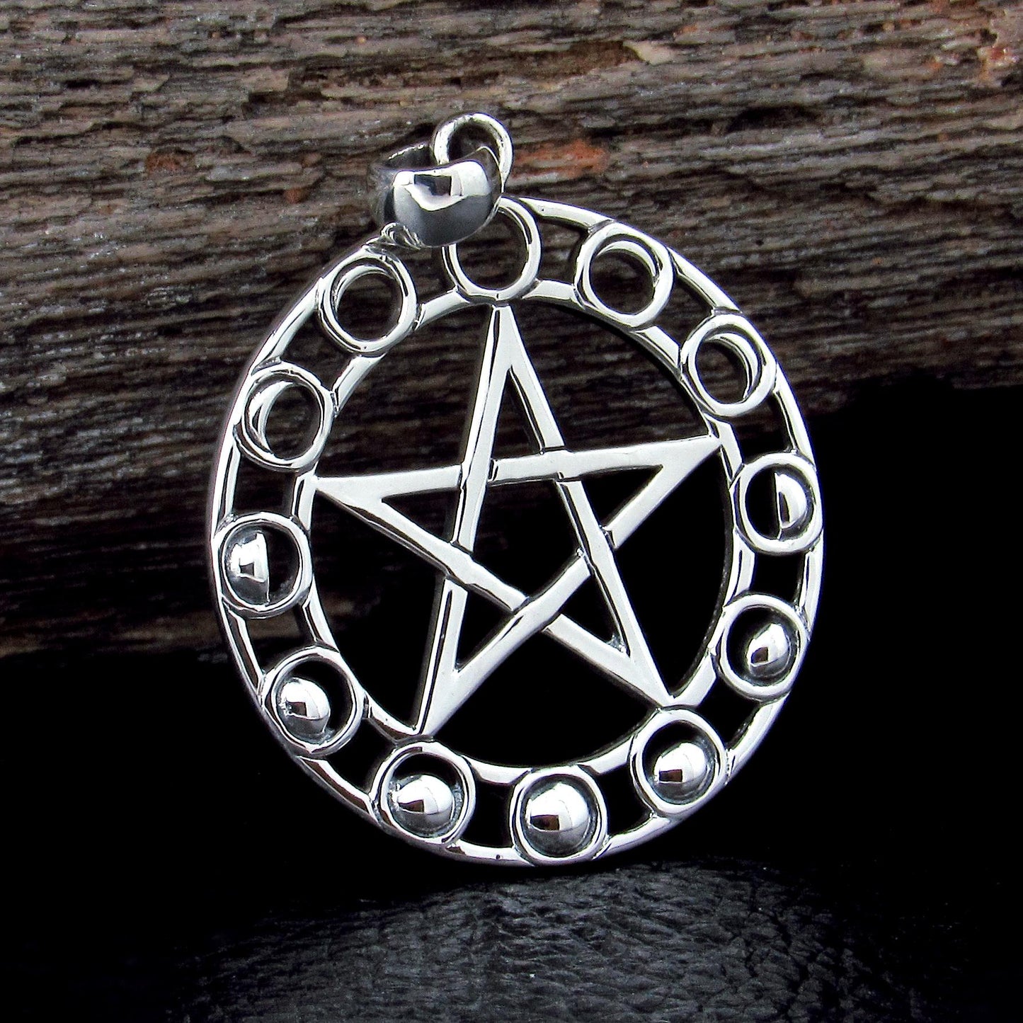 Solid 925 Sterling Silver Phases of the Moon Pentacle Pentagram Pendant by Maxine Miller, Powerful Pagan Wiccan Amulet