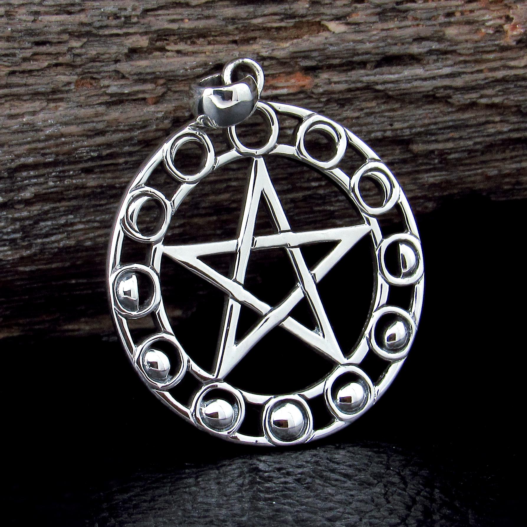 Solid 925 Sterling Silver Phases of the Moon Pentacle Pentagram Pendant by Maxine Miller, Powerful Pagan Wiccan Amulet