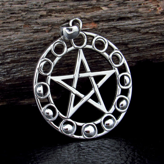 Solid 925 Sterling Silver Phases of the Moon Pentacle Pentagram Pendant by Maxine Miller, Powerful Pagan Wiccan Amulet