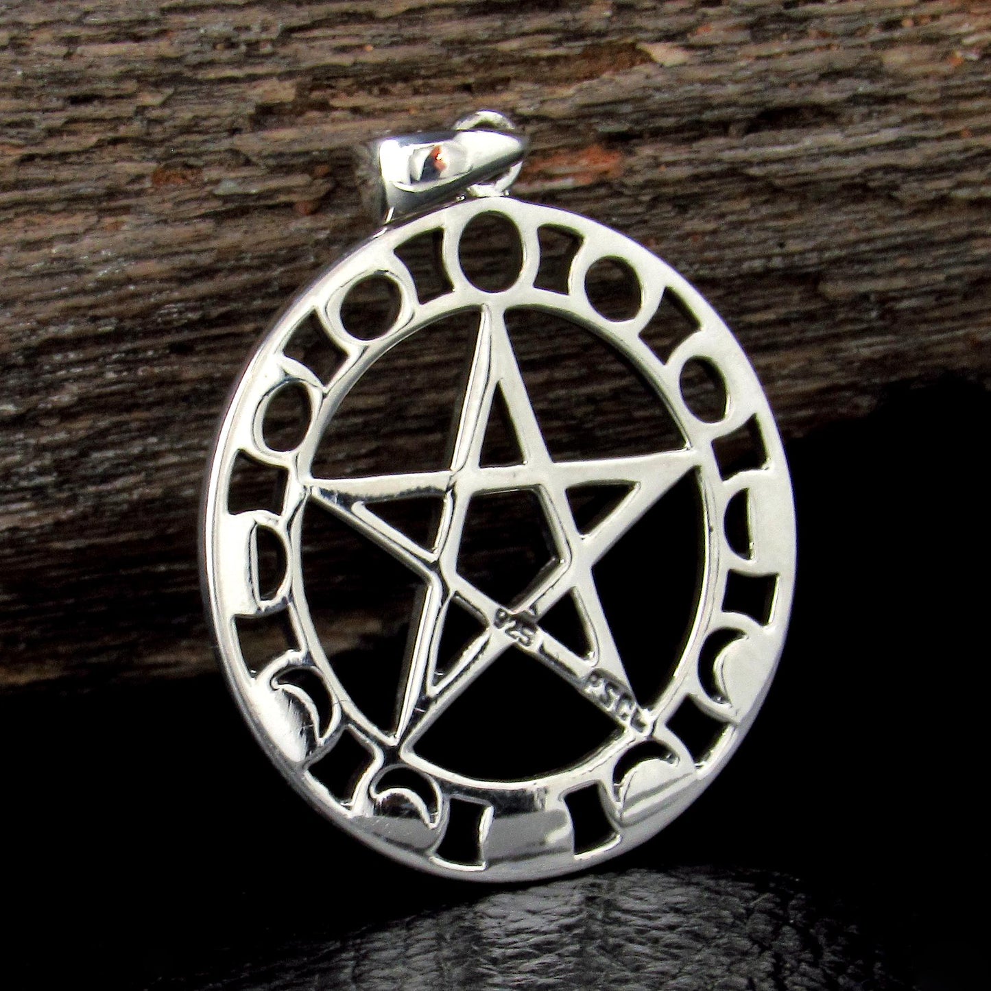 Solid 925 Sterling Silver Phases of the Moon Pentacle Pentagram Pendant by Maxine Miller, Powerful Pagan Wiccan Amulet