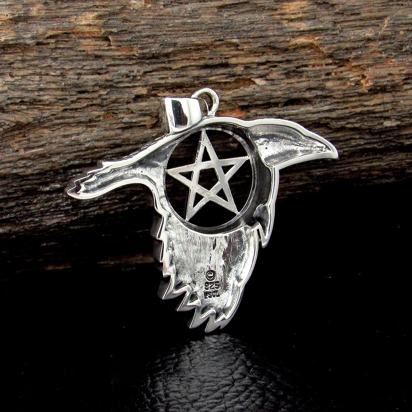 Solid 925 Sterling Silver Raven the Star Pentacle Pendant, Magical Pagan Wiccan Amulet, Symbol of the Elements