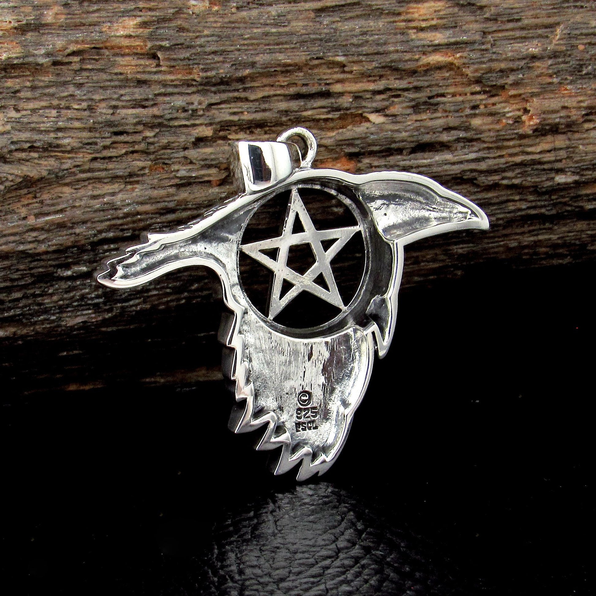Solid 925 Sterling Silver Raven the Star Pentacle Pendant, Magical Pagan Wiccan Amulet, Symbol of the Elements