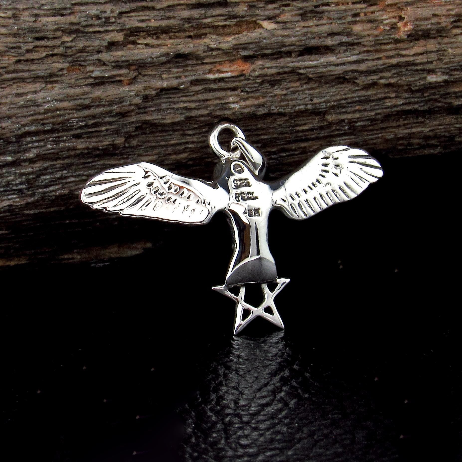 Solid 925 Sterling Silver Flying Owl with The Pentagram Star & Triangle Pendant, Pagan Wicca Amulet