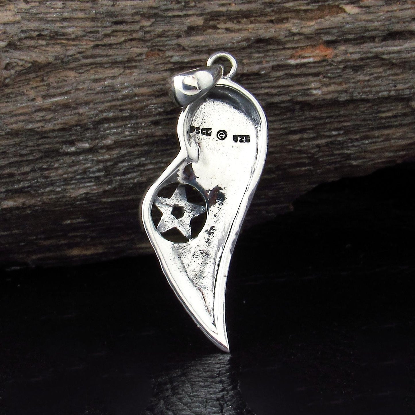 Solid 925 Sterling Silver Crescent Moon Pentacle Angel Wing Pendant w/ Enamel, Gothic Talisman