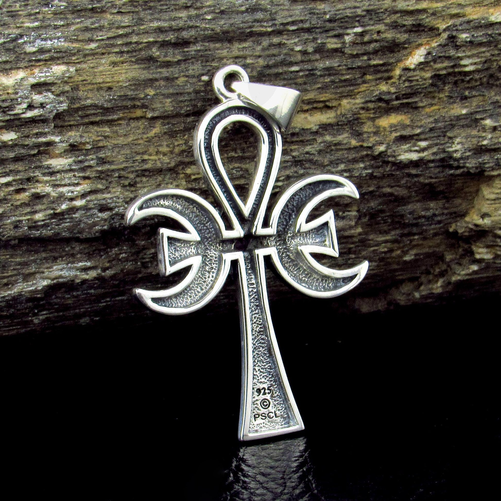 Solid 925 Sterling Silver Triple Moon Goddess Ankh With Amethyst, Ancient Egyptian Cross of Eternal Life