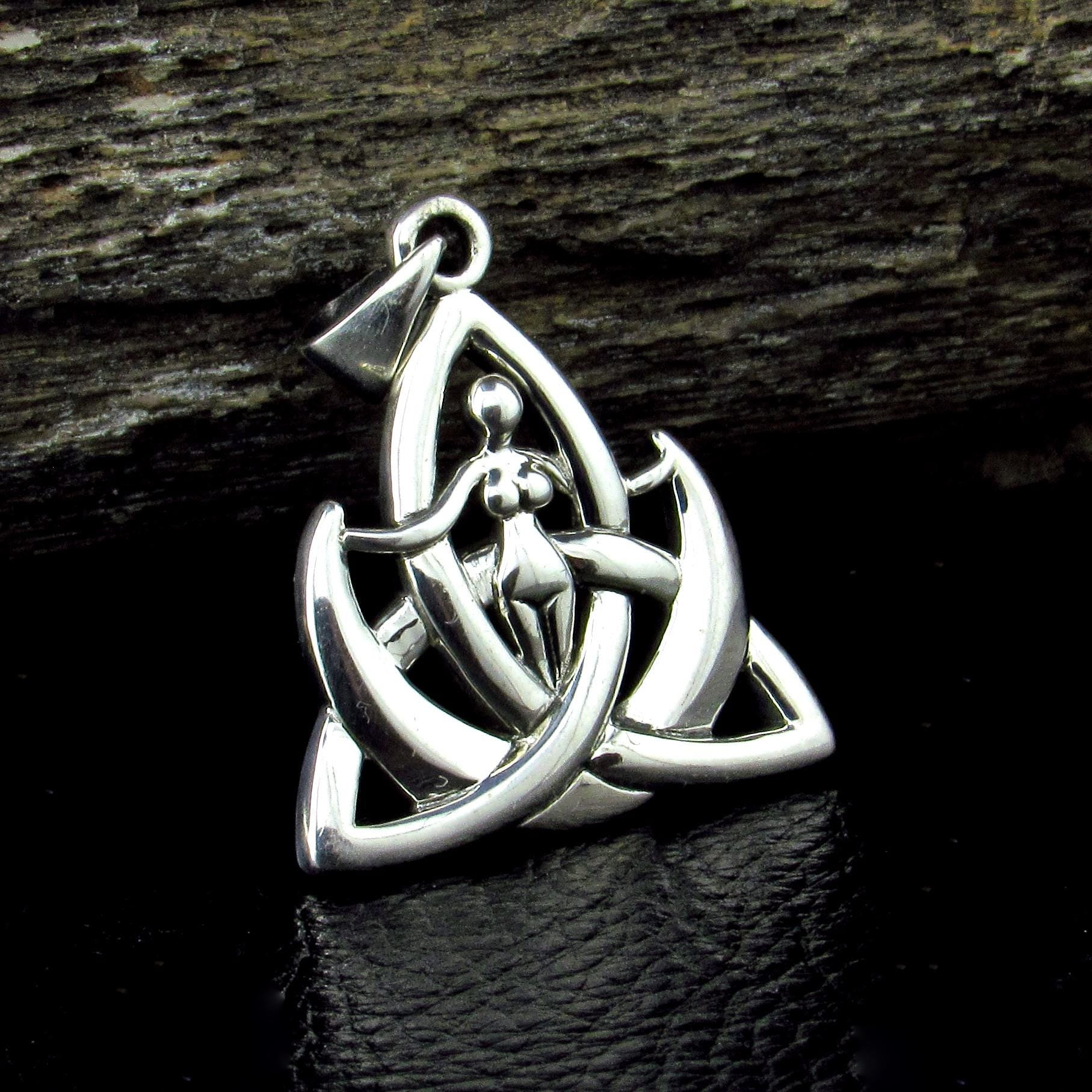 Solid 925 Sterling Silver Celtic Trinity Knot & Goddess Pendant, Majestic Power of Three, Triquetra Goddess Amulet, Awen Jewelry