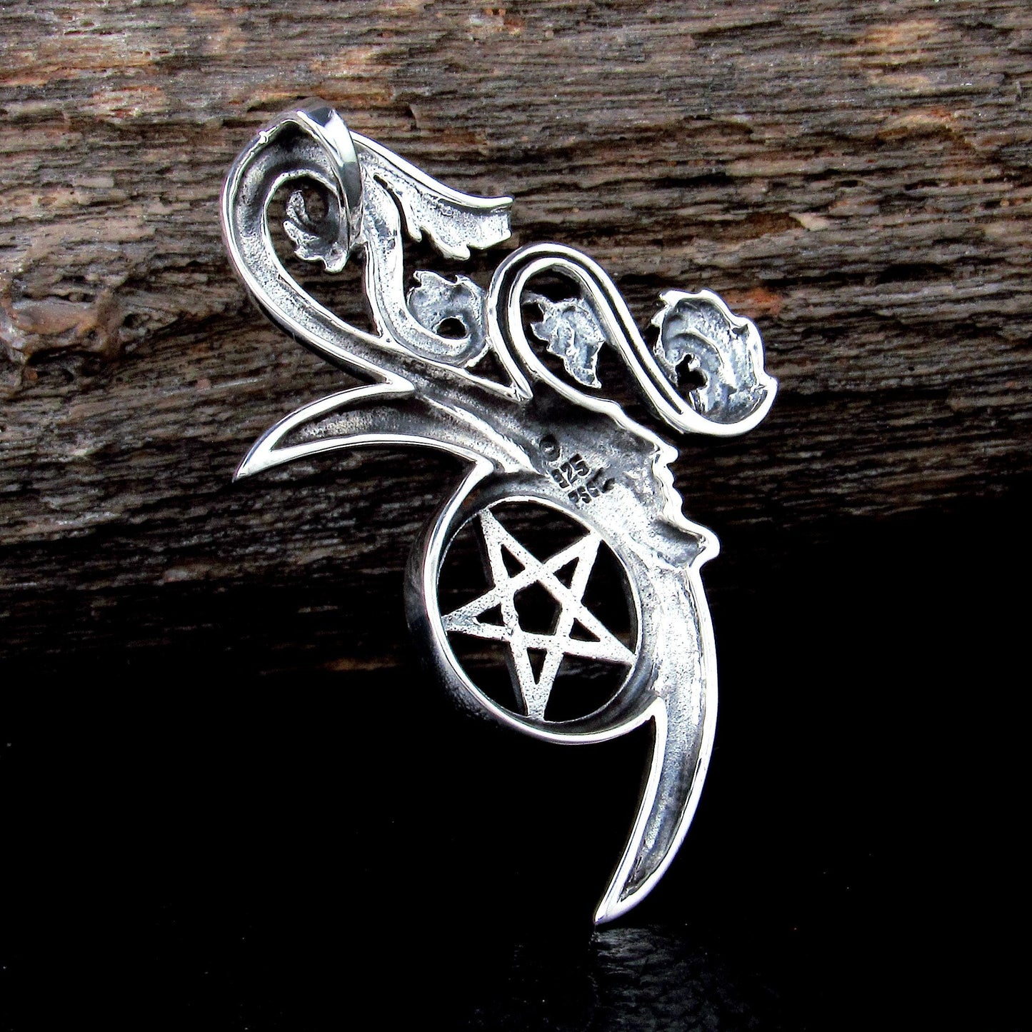 Solid 925 Sterling Silver Green Man Celtic Moon Pentacle Pendant, Symbol of Rebirth Pagan Amulet