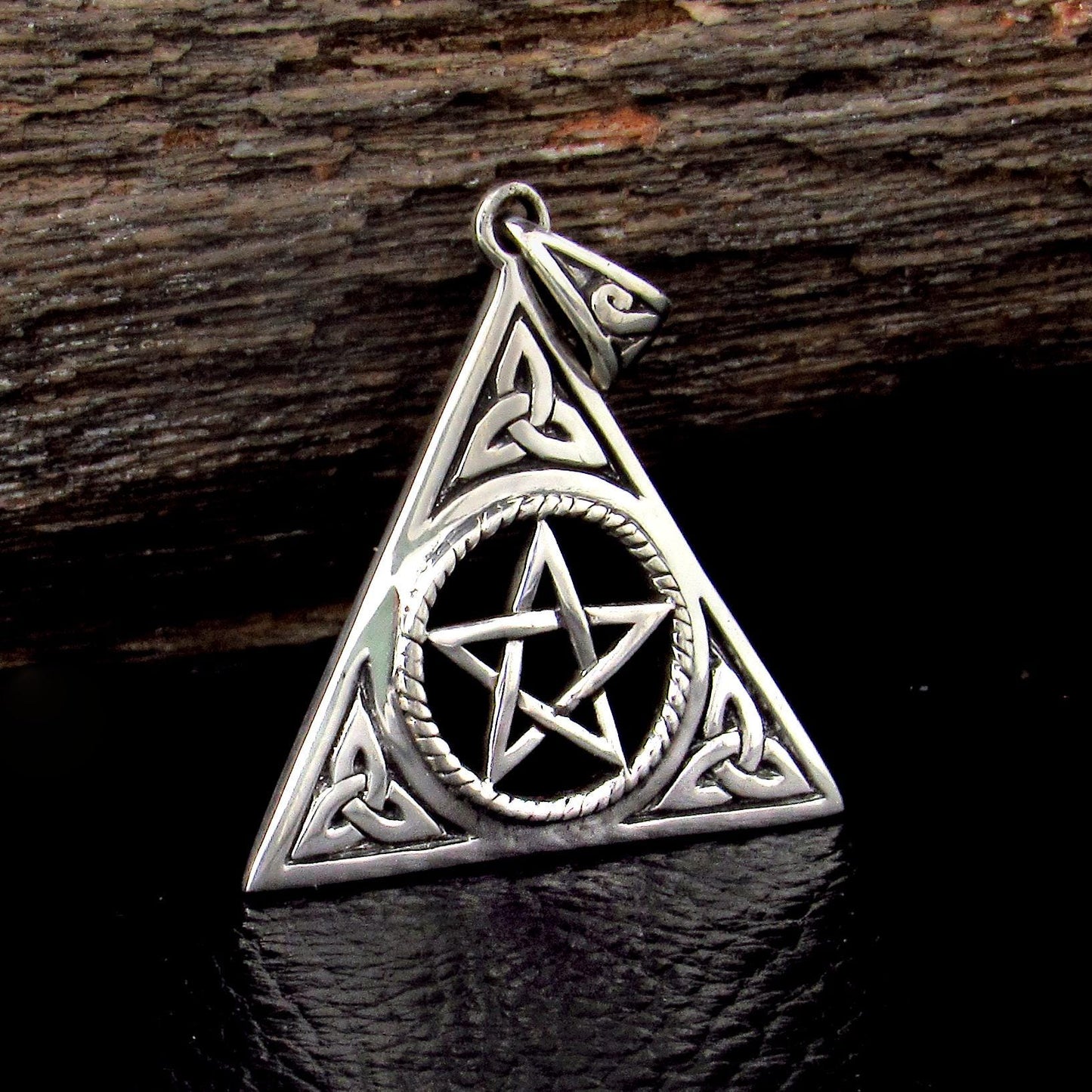 Solid 925 Sterling Silver Pentacle with Celtic Trinity Knot Pendant, Pagan Pyramid Pentagram Amulet