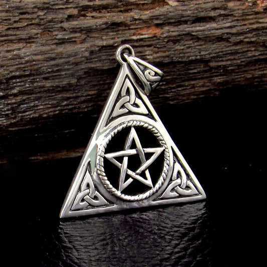Solid 925 Sterling Silver Pentacle with Celtic Trinity Knot Pendant, Pagan Pyramid Pentagram Amulet