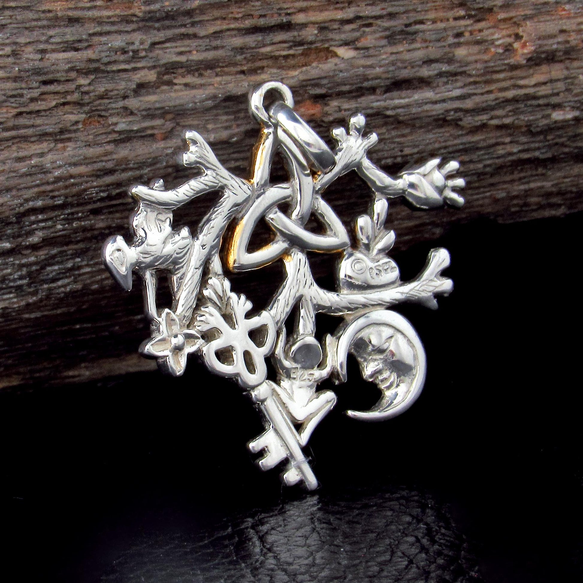 Solid 925 Sterling Silver & 14k Gold Cimaruta Witch Pendant, Celtic Trinity Symbol, Italian Talisman Jewelry, Evil Eye Protection Amulet