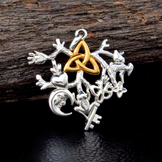 Solid 925 Sterling Silver & 14k Gold Cimaruta Witch Pendant, Celtic Trinity Symbol, Italian Talisman Jewelry, Evil Eye Protection Amulet