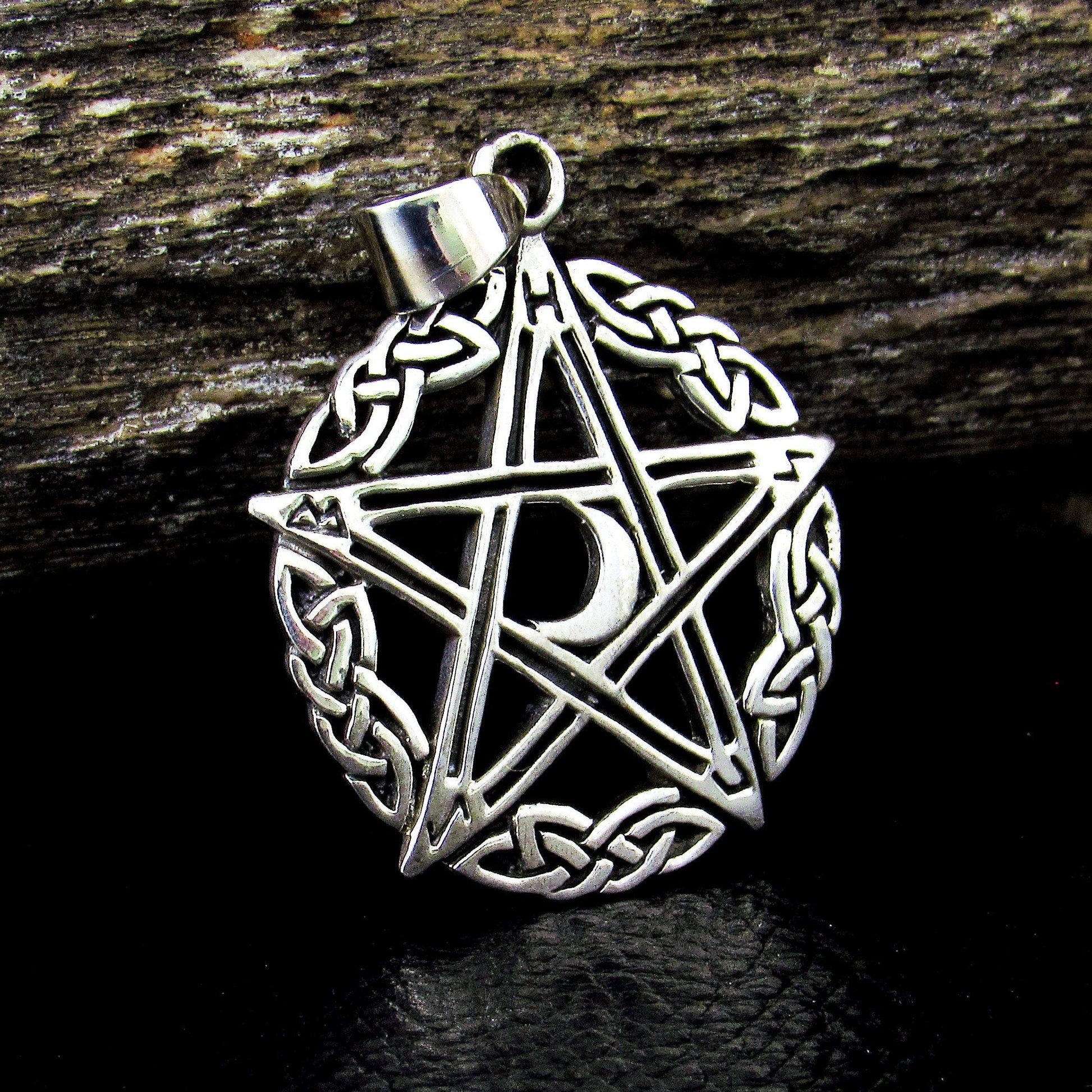 Solid 925 Sterling Silver Celtic Knot Pentacle Pendant – Crescent Moon Pentagram, Pagan Protection Amulet