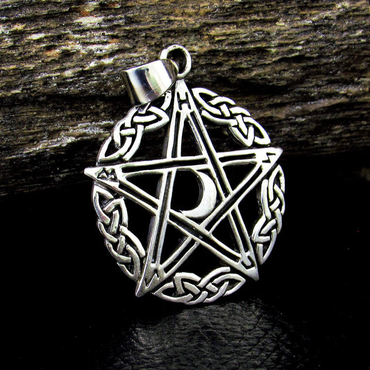 Solid 925 Sterling Silver Celtic Knot Pentacle Pendant – Crescent Moon Pentagram, Pagan Protection Amulet