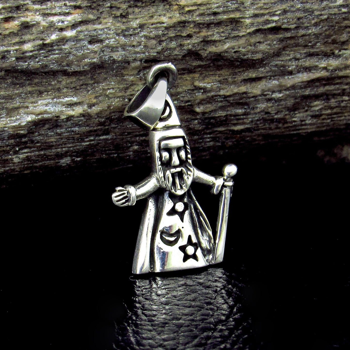Solid 925 Sterling Silver Wizard With Magic Staff & Cloak Pendant, Handcrafted Moon and Stars Jewelry