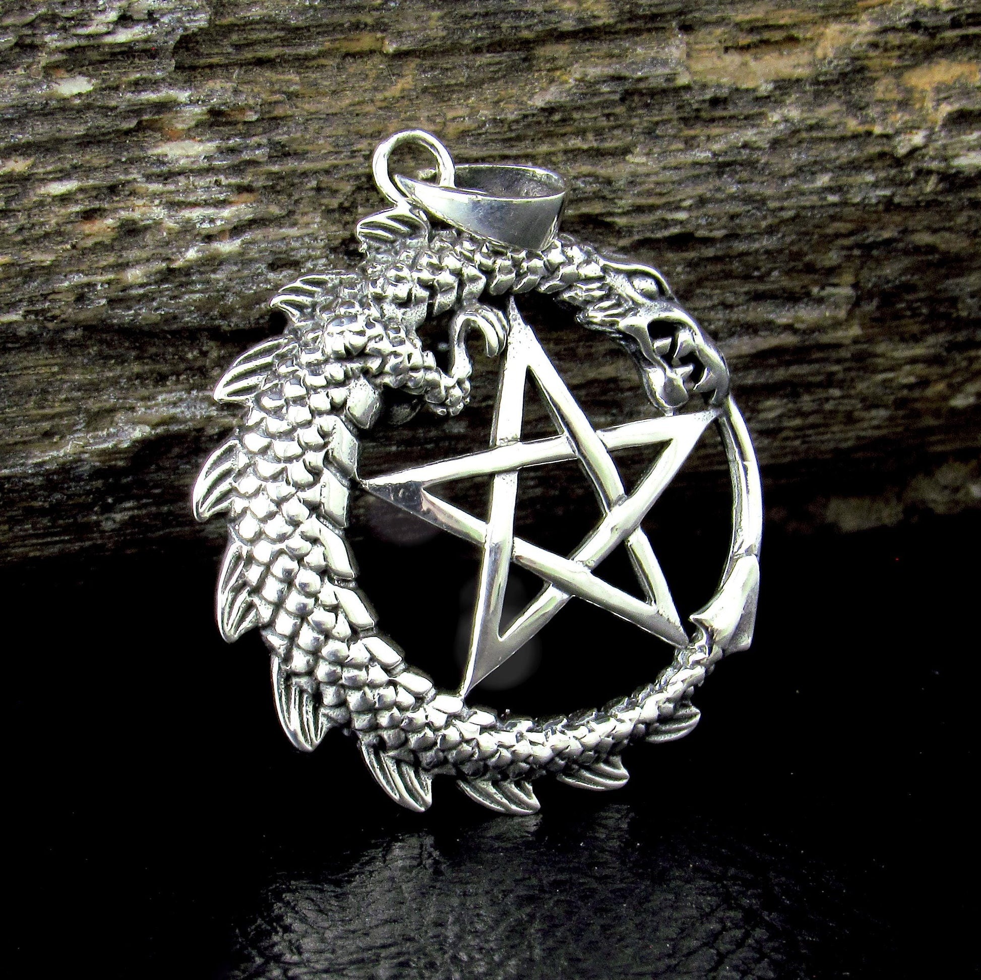Solid 925 Sterling Silver Dragon Pentacle Pendant, Ouroboros Pentagram Amulet, Magic Pagan Talisman