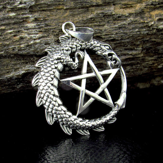 Solid 925 Sterling Silver Dragon Pentacle Pendant, Ouroboros Pentagram Amulet, Magic Pagan Talisman