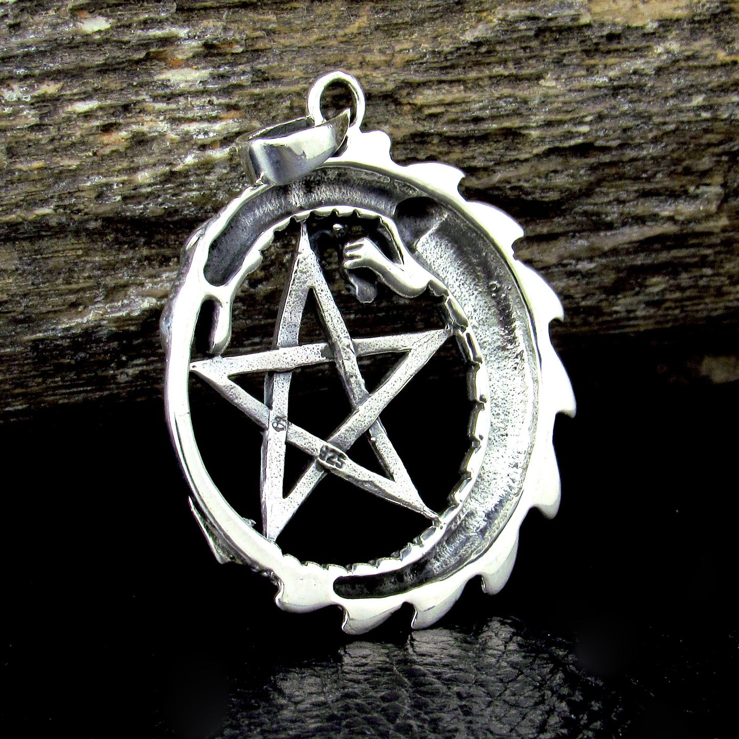 Solid 925 Sterling Silver Dragon Pentacle Pendant, Ouroboros Pentagram Amulet, Magic Pagan Talisman