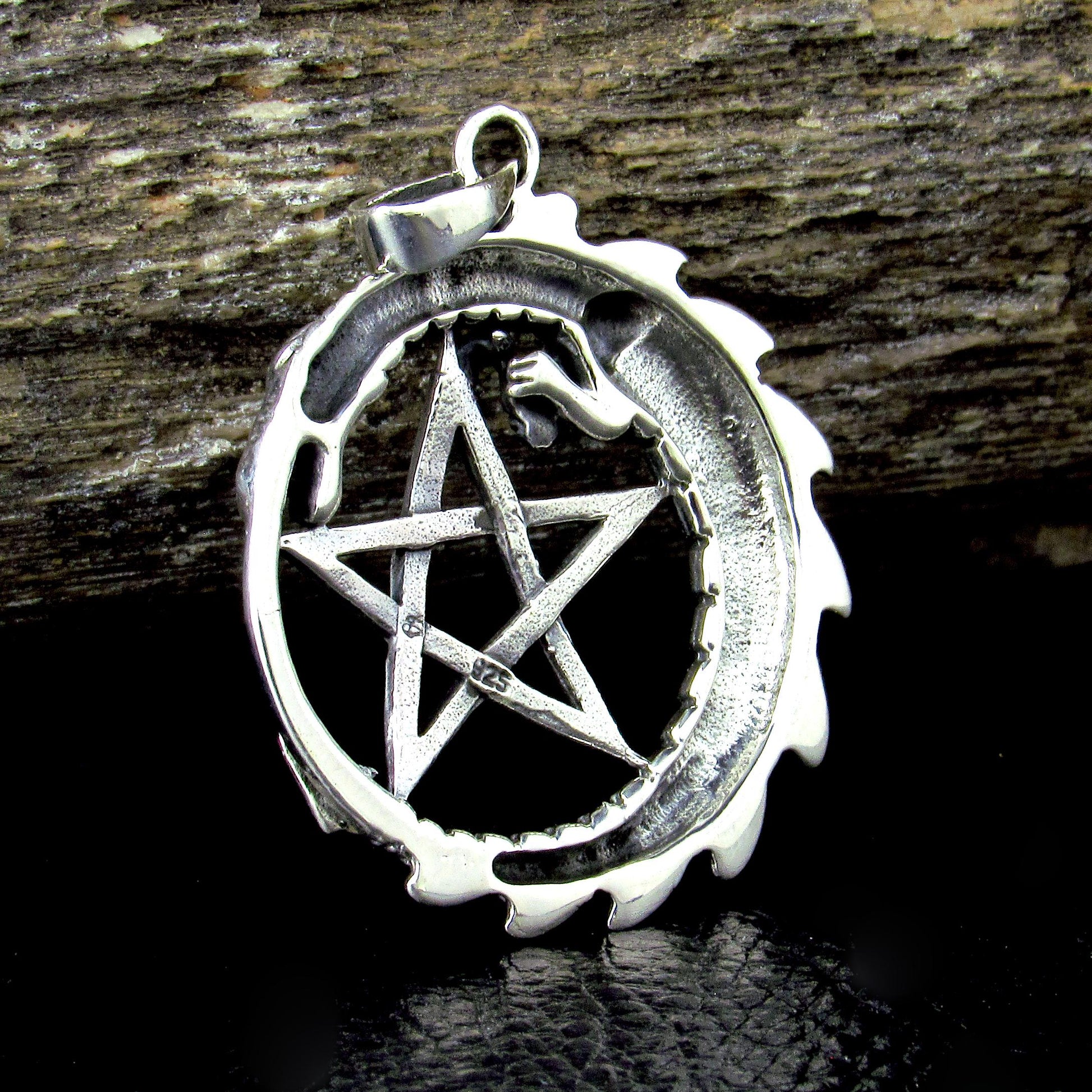 Solid 925 Sterling Silver Dragon Pentacle Pendant, Ouroboros Pentagram Amulet, Magic Pagan Talisman