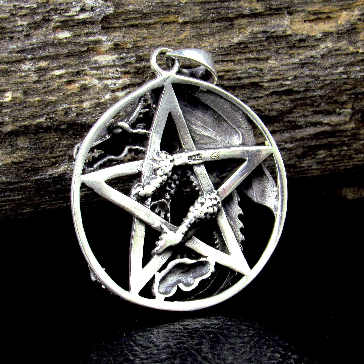 Solid 925 Sterling Silver Dragon Pentagram Pendant – Gothic Wiccan Protection Pentacle, Mythical Occult Talisman
