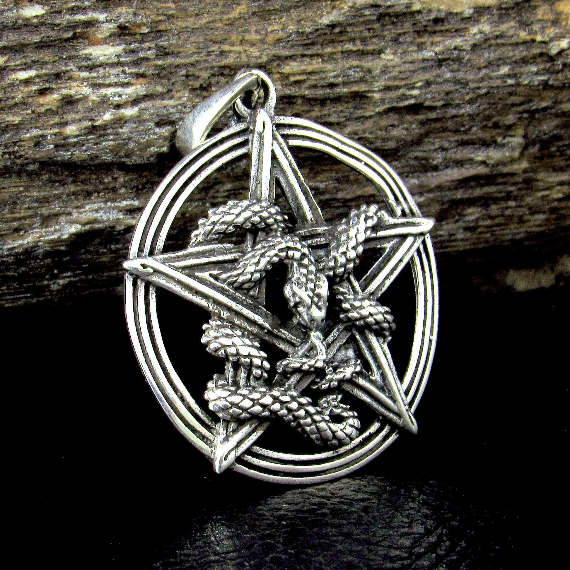 Solid 925 Sterling Silver Intertwined Snake Pentacle Pendant, Interwoven Serpent Ouroboros Pentagram, Pagan Amulet