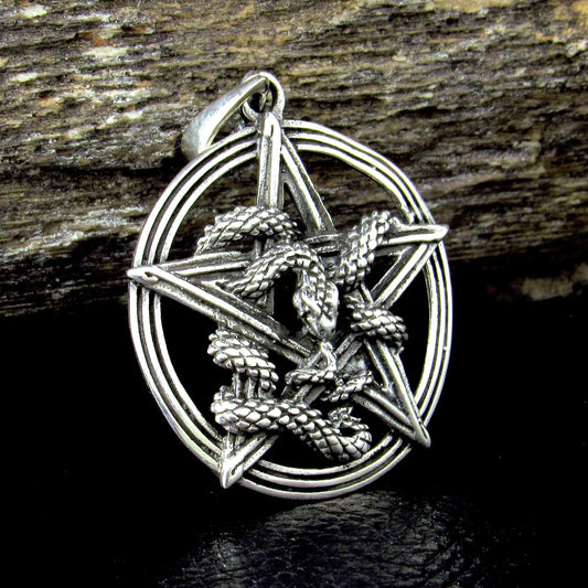 Solid 925 Sterling Silver Intertwined Snake Pentacle Pendant, Interwoven Serpent Ouroboros Pentagram, Pagan Amulet
