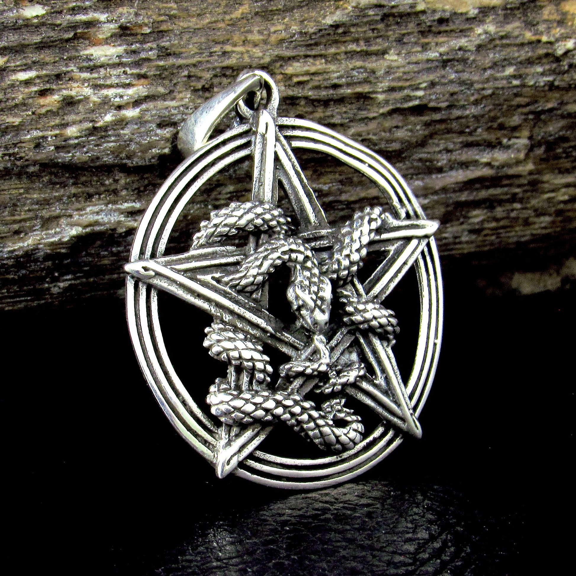 Solid 925 Sterling Silver Intertwined Snake Pentacle Pendant, Interwoven Serpent Ouroboros Pentagram, Pagan Amulet