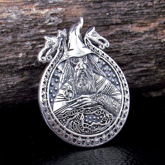 Solid 925 Sterling Silver Wizard Pendant, Arcane Sorcerer Talisman, Magical Mage Amulet
