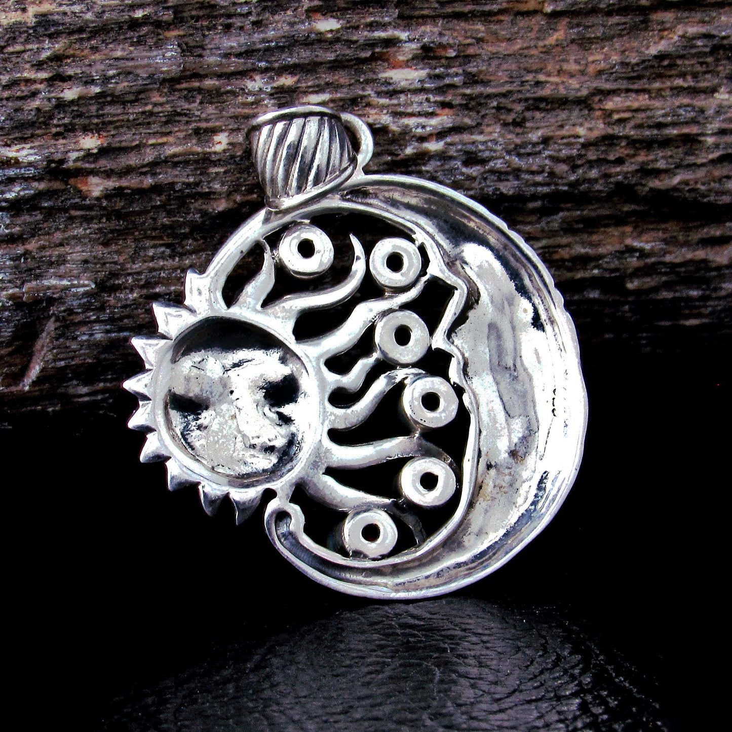 Solid 925 Sterling Silver & Garnet Gemstones Sun and Crescent Moon Faces Pendant, Handcrafted Cosmic Celestial Amulet