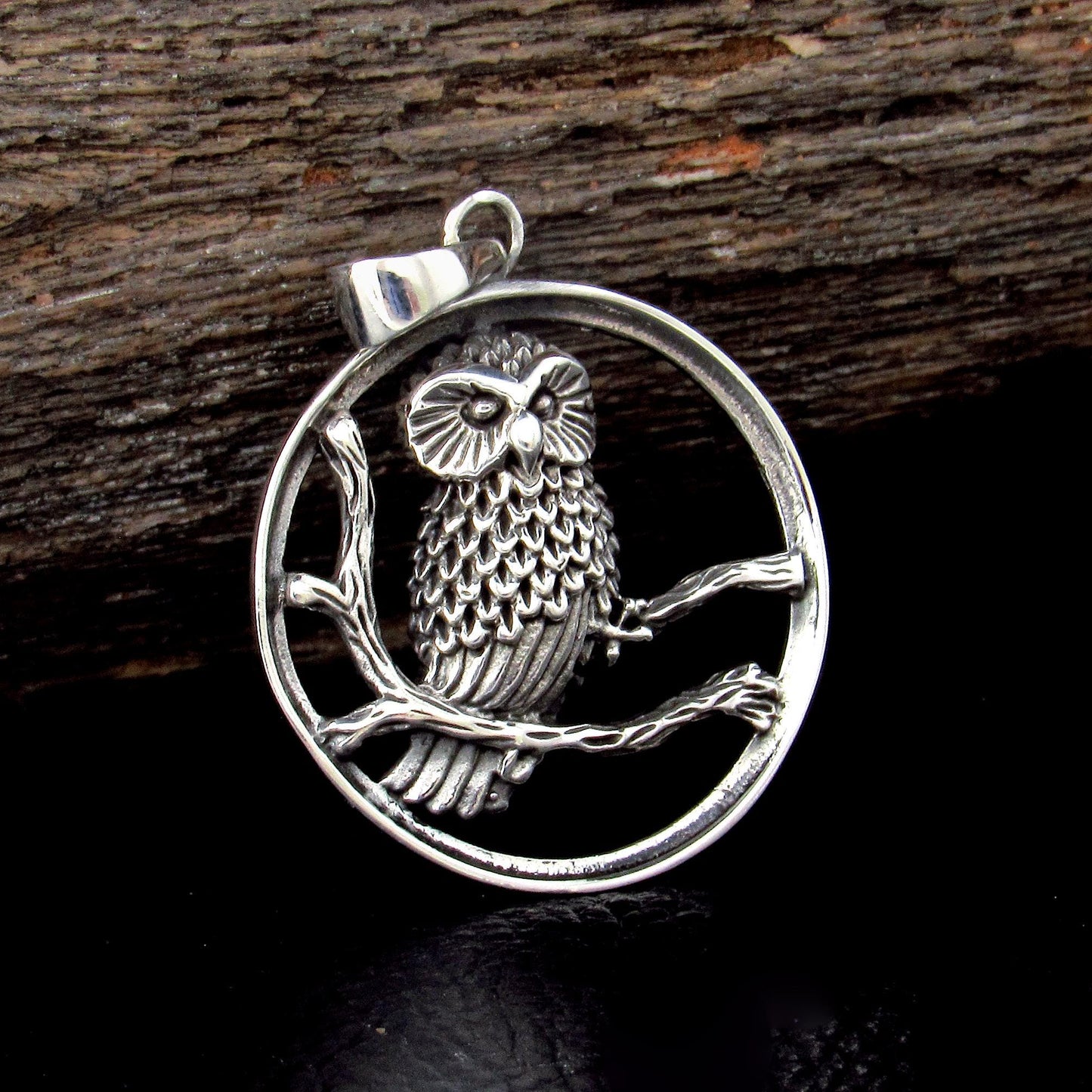 Solid 925 Sterling Silver Barn Owl Pendant Necklace – Forest Bird on Branch Amulet