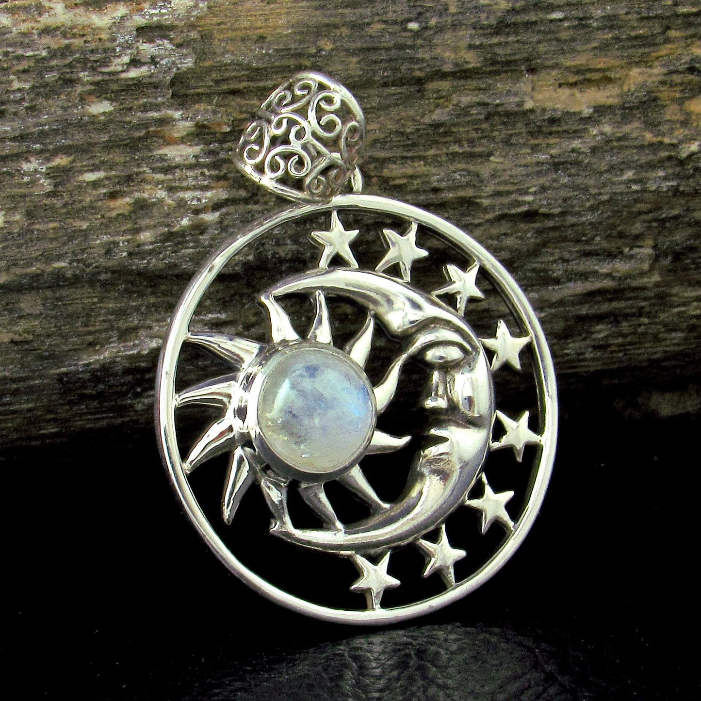 Solid 925 Sterling Silver Sun Moon & Stars Pendant, Handcrafted with Gemstone, Unique Mystical Amulet, Cosmic Celestial Wiccan Jewelry