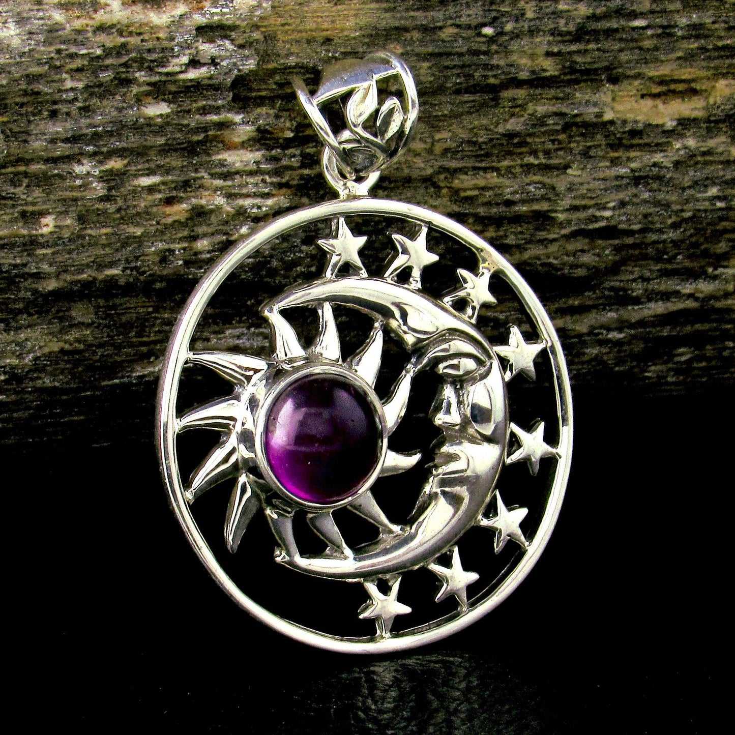 Solid 925 Sterling Silver Sun Moon & Stars Pendant, Handcrafted with Gemstone, Unique Mystical Amulet, Cosmic Celestial Wiccan Jewelry