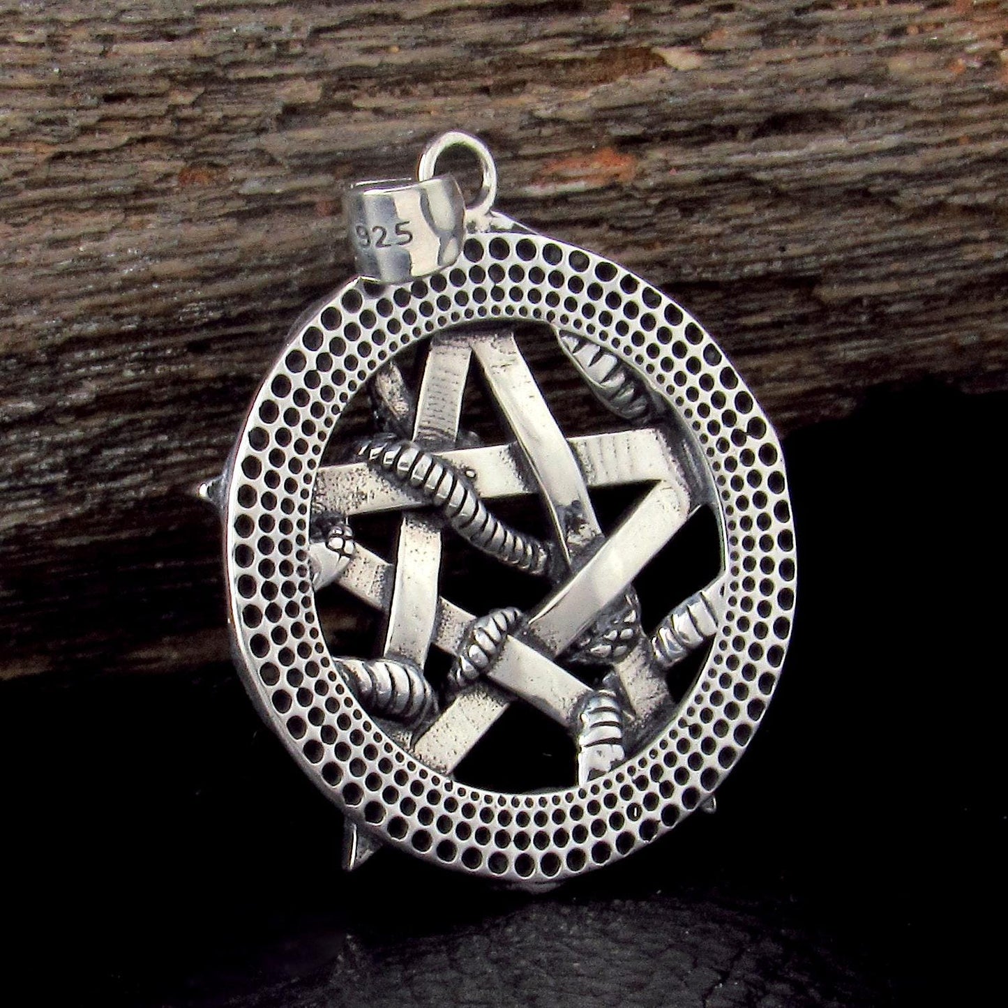Solid 925 Sterling Silver Pentagram Pendant, Snake and Star Symbol, Oxidized Ouroboros Jewelry