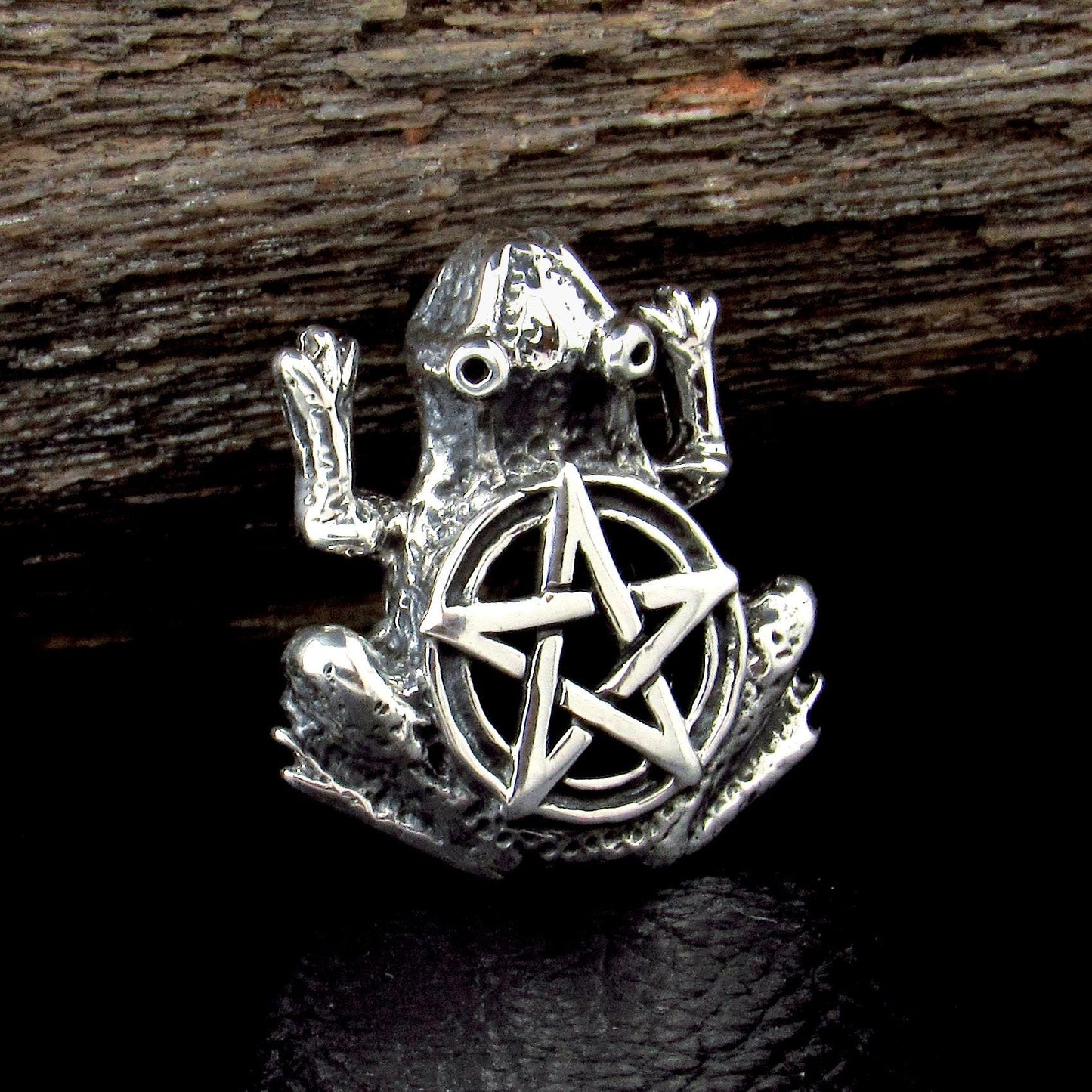 Solid 925 Sterling Silver Frog Pentagram Pentacle Slide Pendant, Handcrafted Wiccan Life Transitions Amulet