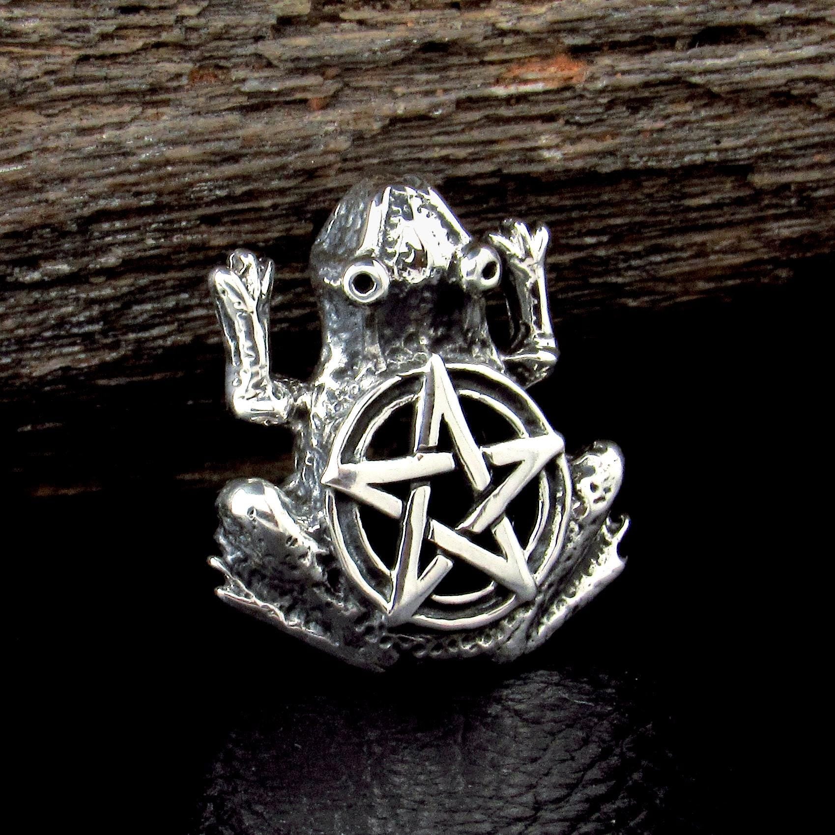 Solid 925 Sterling Silver Frog Pentagram Pentacle Slide Pendant, Handcrafted Wiccan Life Transitions Amulet