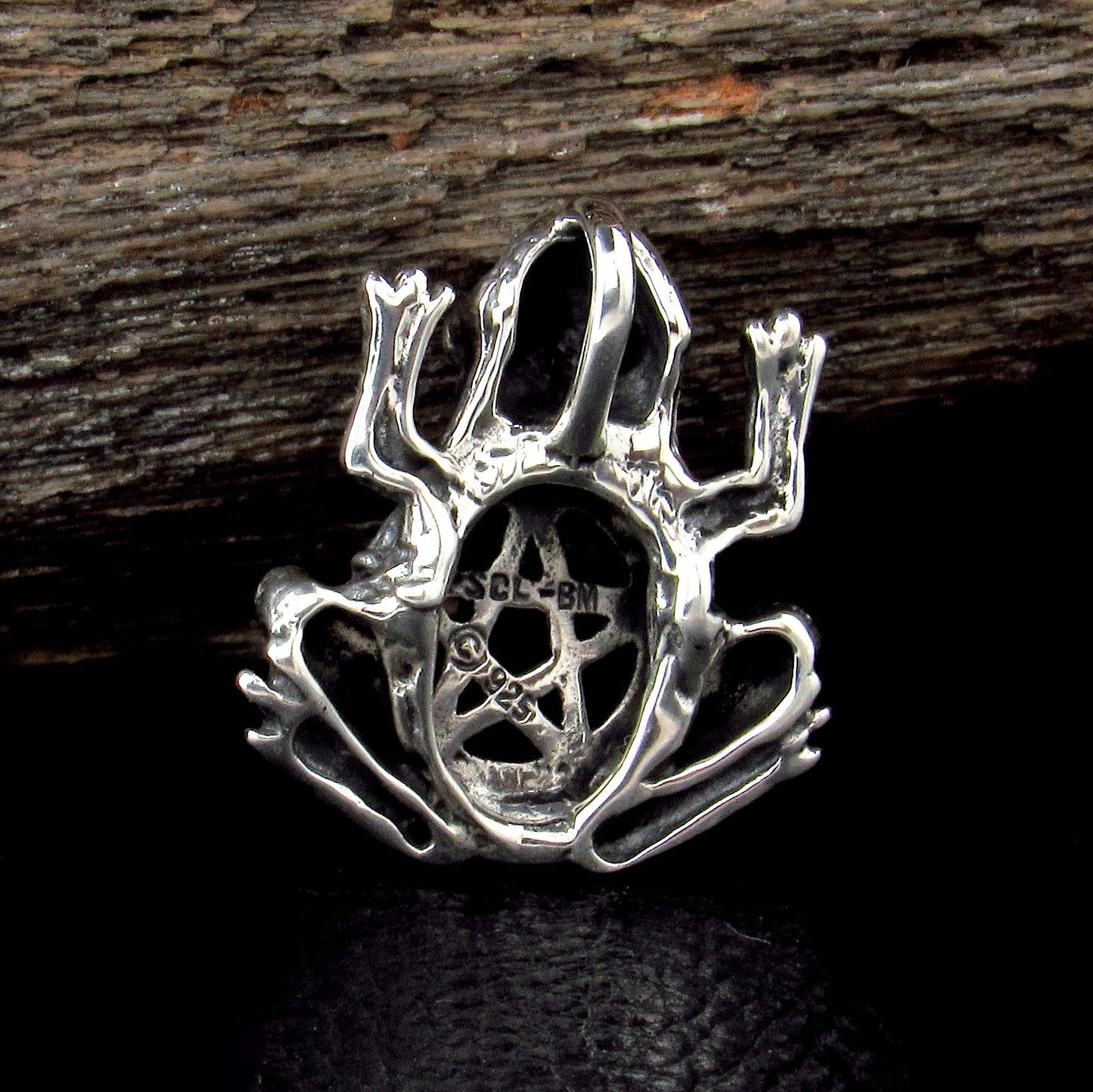 Solid 925 Sterling Silver Frog Pentagram Pentacle Slide Pendant, Handcrafted Wiccan Life Transitions Amulet
