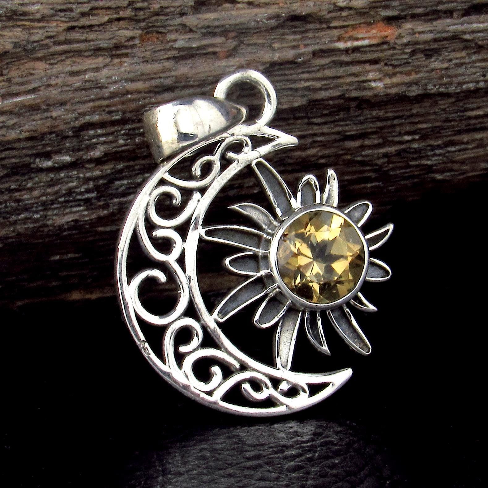 Solid 925 Sterling Silver Crescent Moon & Sun Gemstone Pendant - Amethyst, Citrine, Labradorite, Moonstone, Turquoise